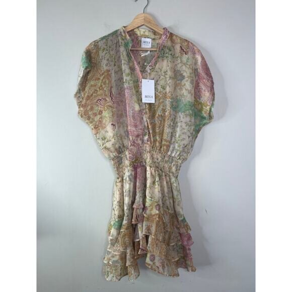 NWT MISA Los Angeles Evie Patchwork Smocked Cap Sleeve Lined Mini Dress Sz Large - Picture 2 of 7